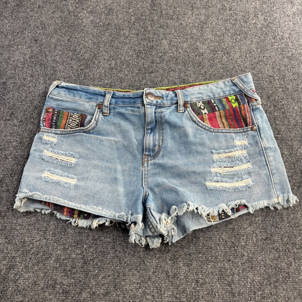 Free People Denim Shorts Womens 30 Blue Distressed Tapestry Trim Boho Cutoff